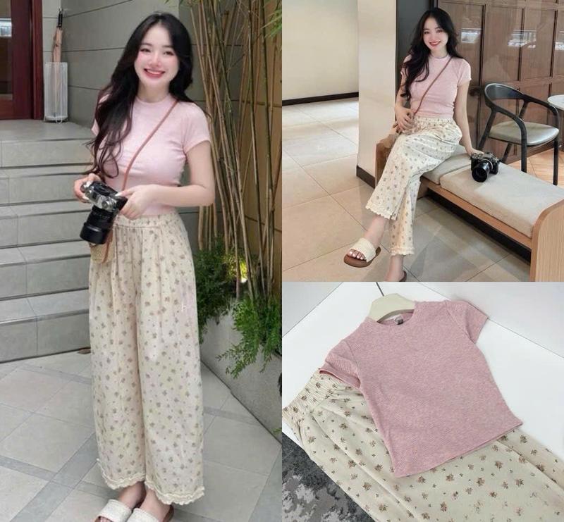 Set Áo Thun Nữ Ngắn Tay Kết Hợp Quần Đũi Suông Hoa Nhí Thiết Kế Nhún Bèo Xinh Xắn Hottrend Top Women