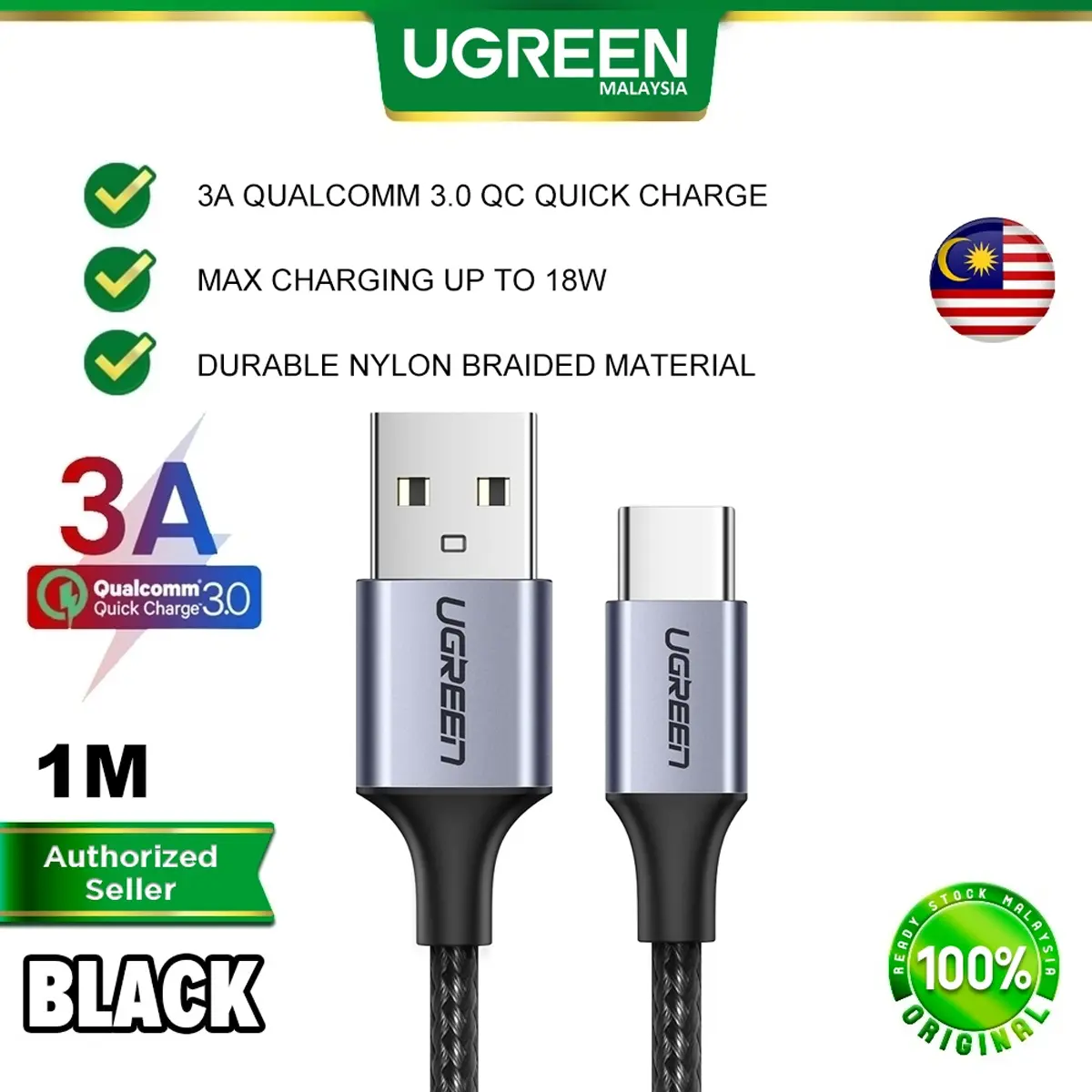 Ugreen USB A to USB Type C cable 3A Qualcomm 3.0 QC quick charging 480mbps nylon braid Car Play iPhone 16 15 series