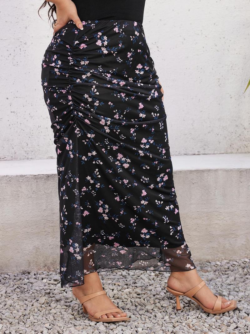 Product Introduction of CURVZY Plus Size Autumn Aesthetic Floral Print Ruched Mesh Skirt, Boho Fashion Long Skirt For Daily Holiday Vacation Wear, Women Plus Clothing For Summer & Autumn 16