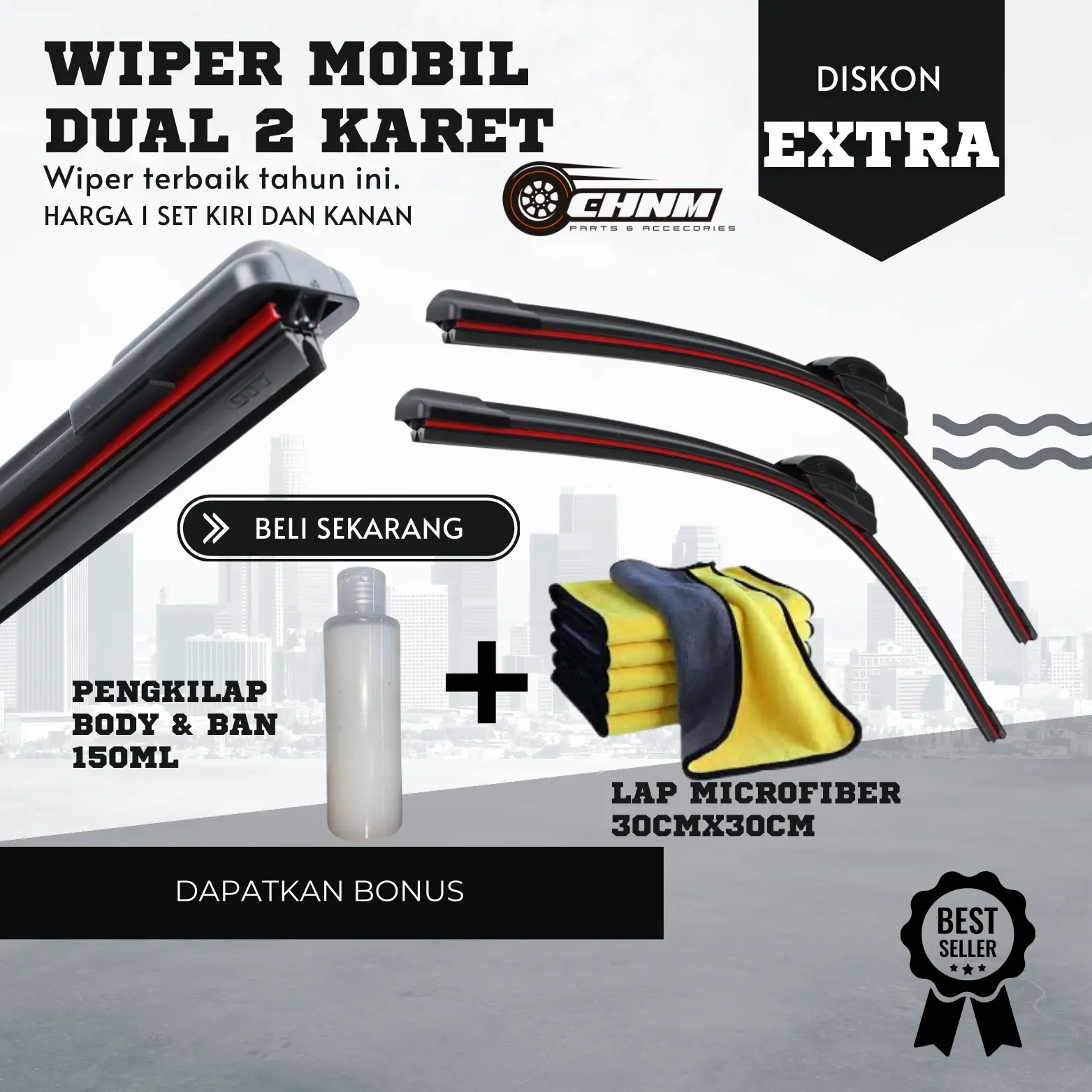[[PAKET 2 ITEM]] Wiper Dual Karet Blade Mobil 1 Set Kiri dan Kanan Bonus Pengkilap Body dan Lap Microfiber Universal Semua Jenis Mobil Karet Ganda Kaca Depan Kendaraan