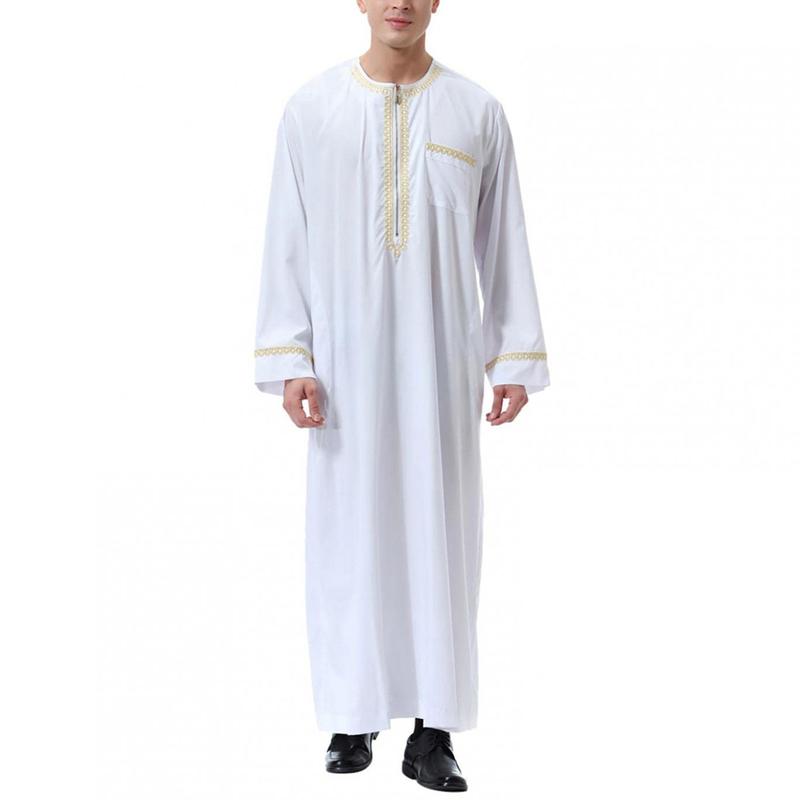 Product Introduction of Men'S Muslim Shirt Kaftan Islamic Royalty Dubai Robe O-Neck Long Sleeve Retro Tunics Abaya Arabic Traditional Costume Men'S Robe 3