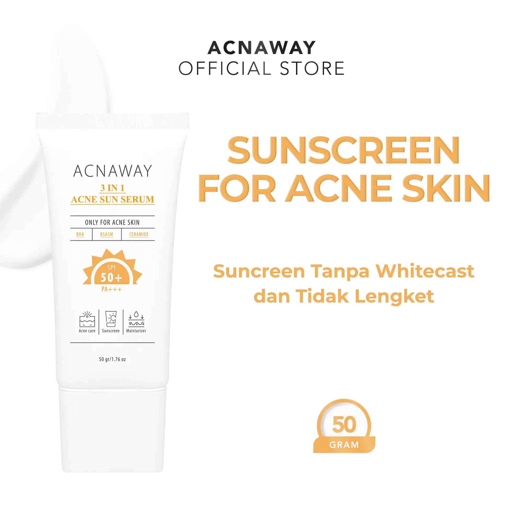 ACNAWAY 3 in 1 Acne Sun Serum SPF 50+ PA+++ – Sunscreen Wajah Mencerahkan & Melindungi Kulit Berjerawat & Sensitif with BHA + BSASM + Ceramide