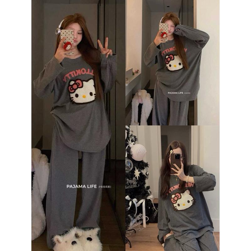 Set Bộ Nỉ Nữ Hello Kitty thêu xù Áo Sweater chất liệu Nỉ Cotton kèm quần Cạp Chun thoải mái dáng Rộng mềm mại