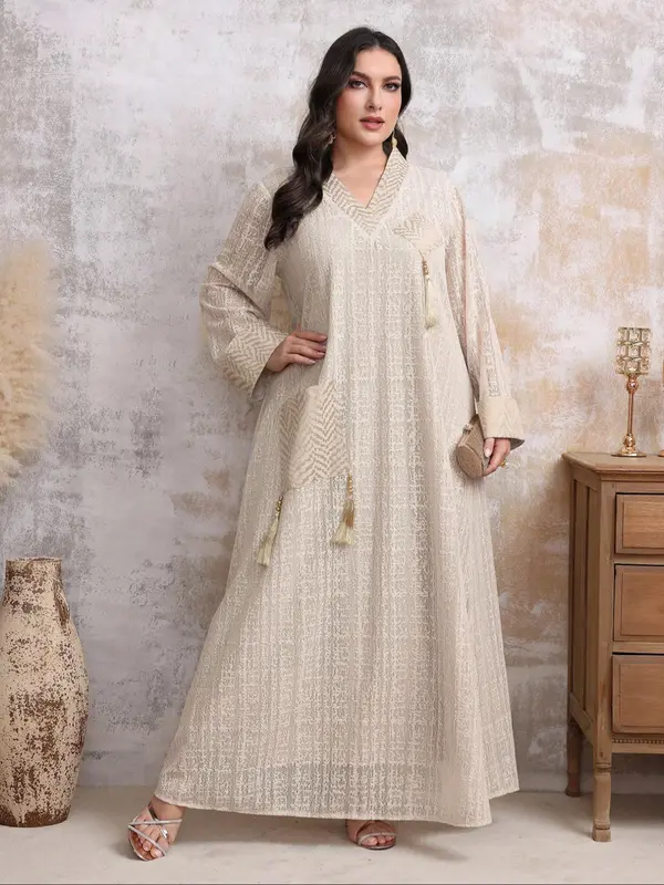 【Plus Size】 Fringe Trim Pocket V Neck Dress, Modest Long Sleeve Arabic Clothing for Women, Women's Islamic Clothing for Fall & Winter 0