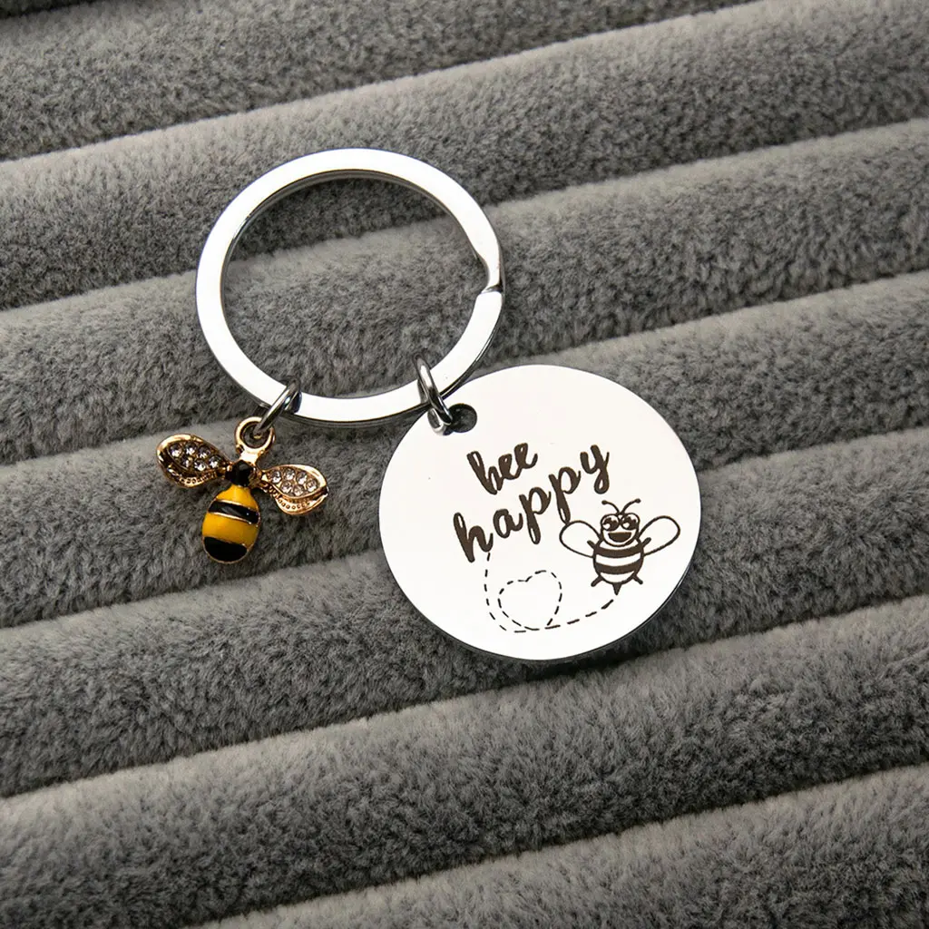 KANGF Honey Bee Keychain " Bee Happy" Lovely Birthday Keyring Keychain Inspirational Keychain Bee Jewelry Motivational Gift