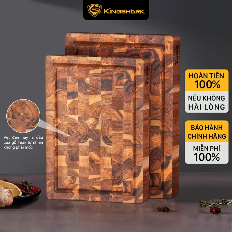 Thớt thái gỗ Teak Kingshark size 350x250x25mm cao cấp an toàn cho sức khỏe, hình chữ nhật 0