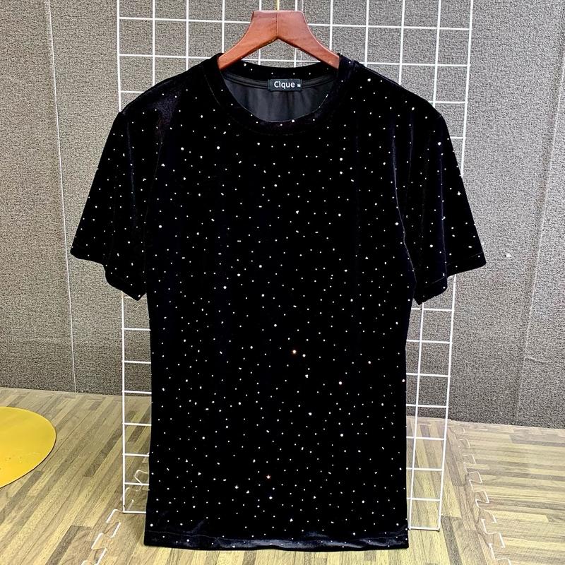 Áo phông nhung đính đá nam vải dày dặn co dãn 4 chiều cao cấp cổ tròn