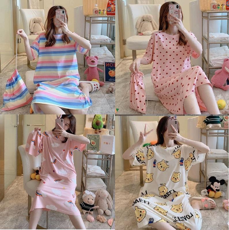Váy Ngủ , Đầm Ngủ Cotton Mềm Mại Nhiều Họa Tiết Hoạt Hình VHT02 , Váy Mặc Nhà Nữ