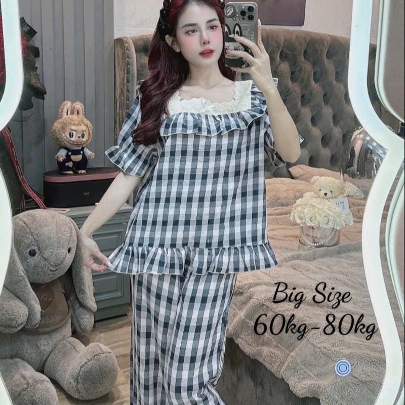 Bigsize 50/75 kg đũi sọc caro tiểu thư cổ vuông viền ren mặc nhà thoáng mát Women Nữ 6