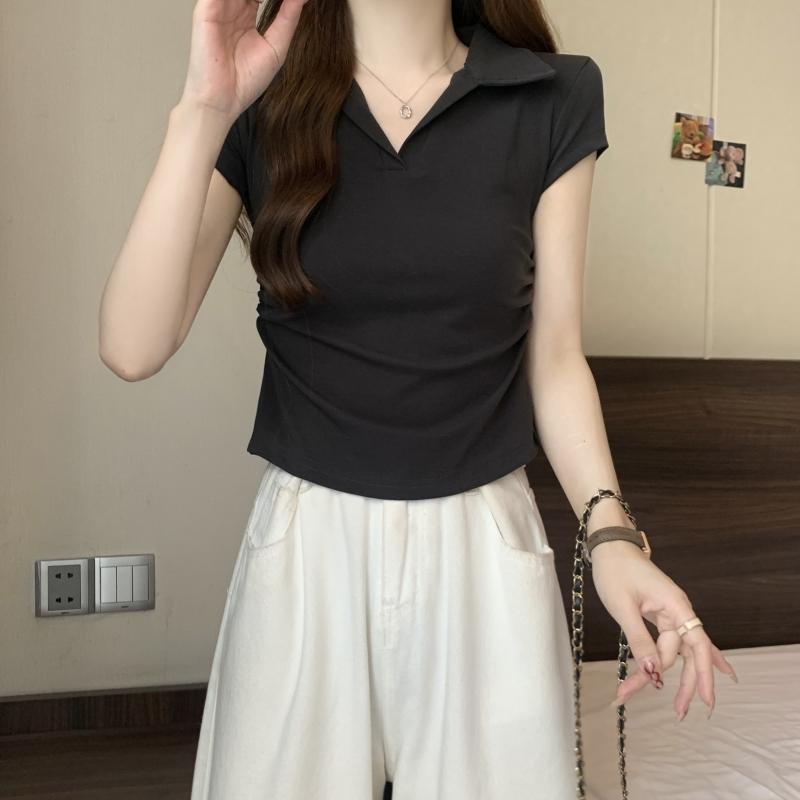Product Introduction of 106 # Real Shot Real Price 40s Pure Cotton 210g (92% Cotton/8% Spandex) Polo Collar Waist-Cinching Short Sleeve T-Shirt for Women Top Womenswear 15