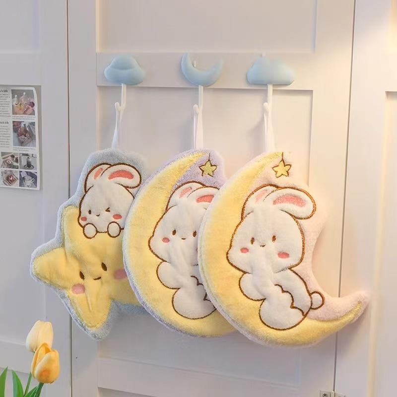 Product Introduction of Cute Rabbit Pattern Hand Towel Soft Hanging Towels Absorbent Coral  Towel Kitchen Bathroom Double-thickness Hand Towel 22