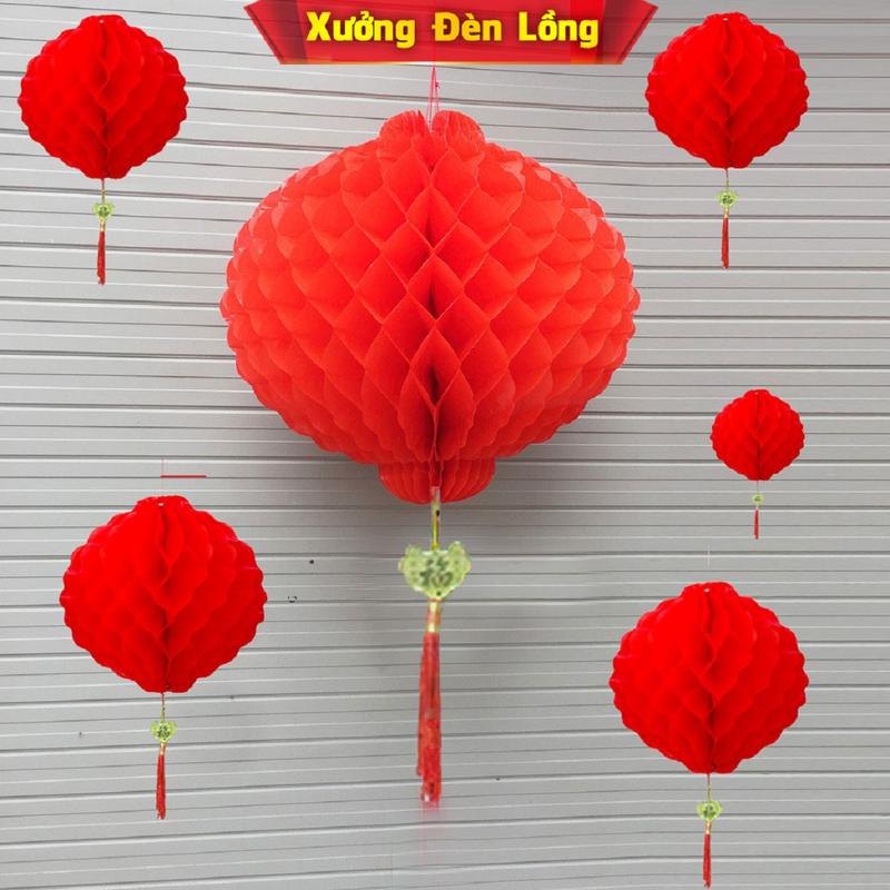 Xưởng Đèn Lồng Đỏ Giấy Nilon Treo Trang Trí Tết Trung Thu, Lồng Đèn Tổ Ong Mini Tròn Lượn Sóng Bền chắc Chất Liệu Cực Dày Chống Thấm Nước Phản Quang