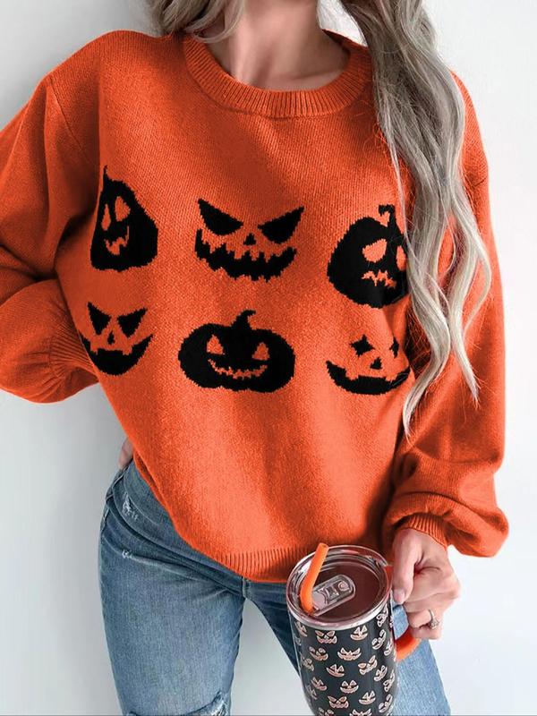 TikTok Shop Women s Halloween Themed Pumpkin Print Drop Shoulder Sweater Casual Long Sleeve Round Neck Jumper for Fall Winter Ladies Knitwear for Daily Wear Sweaters for Women Winter Clothes Women Fal...