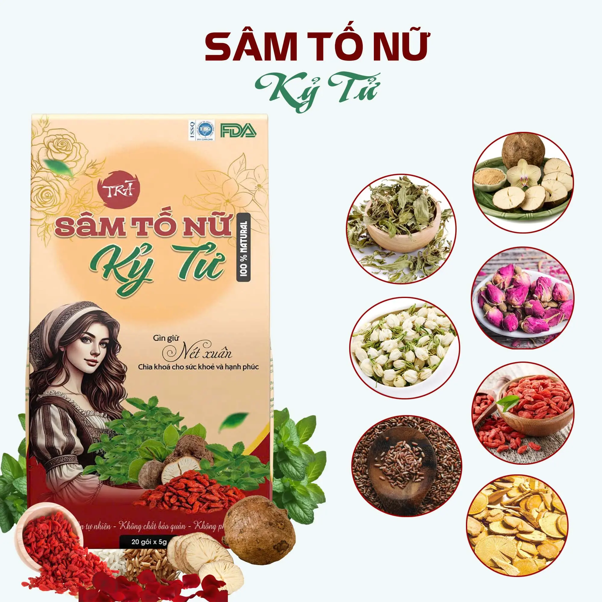 Trà Sâm Tố Nữ 7 Vị, Hộp 20 Gói Dùng 20 Ngày Nước Trà Tea