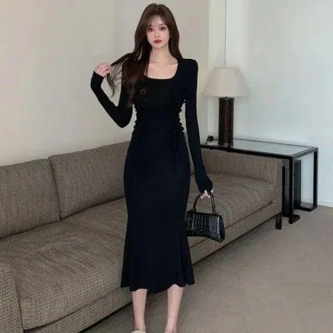 Product Introduction of Black square neck long sleeved dress for women, Korean style fashion solid color Retract your waist Wrap the buttocks casual fish tail mid length skirt 7