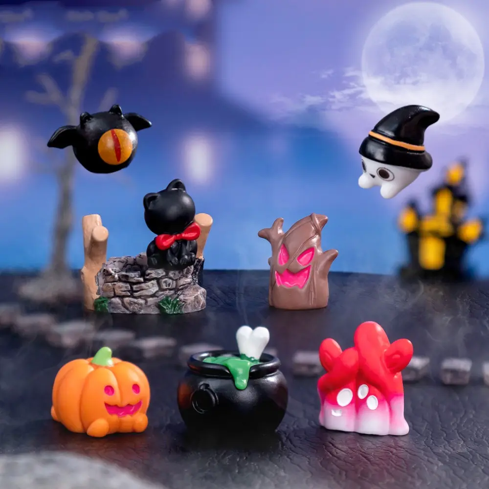 Kawaii Ghost Mini Pumpkin Resin Doll Black Cat Tree Hallowmas Doll House Accessories Bat Miniature Scene Halloween Ghost Miniatures Hallowmas