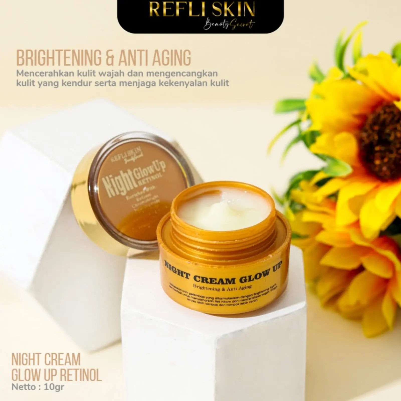 Refli Skin Night Cream With Retinol - Whitening & Anti Aging White Stem Cell - Refli Skin - Menutrisi Kulit - Cream Malam - Pencerah Kulit Wajah - Skincare Viral Ori