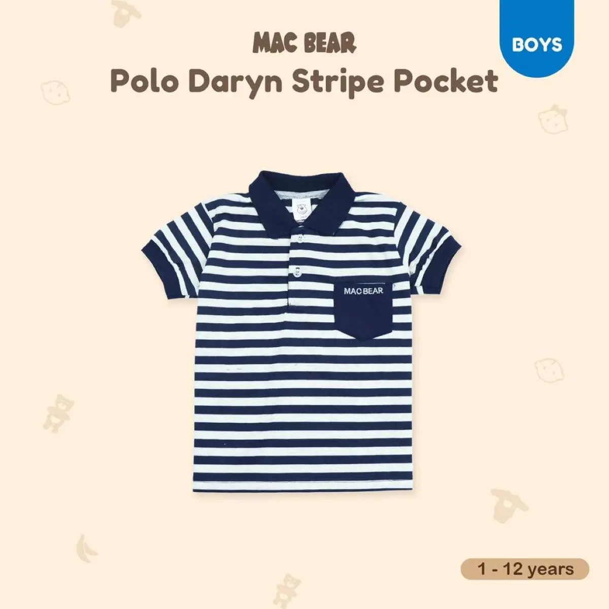MacBear Baju Anak-Remaja Laki-laki Kaos Polo Stripe Collection Daryn Stripe Pocket 6 bulan - 12 tahun Katun Anak-Anak