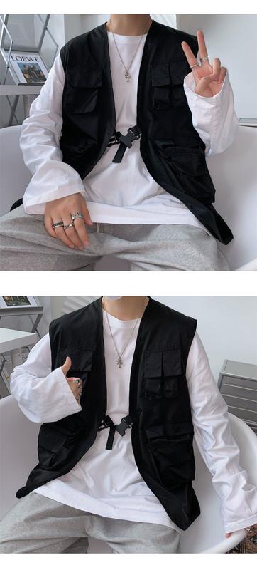 Product Introduction of Spring and Autumn Ins Mechanical Style Work Vest Vest Man Loose Hong Kong Style Fashion Brand All-Matching Multi-Pocket Sleeveless Jacket 5