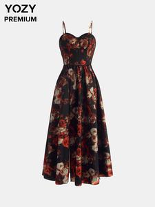 YOZY Women's All Over Print Shirred Cami Dress, Casual Adjustable Strap Sleeveless Dress for Daily Wear, Ladies Clothes for All Seasons