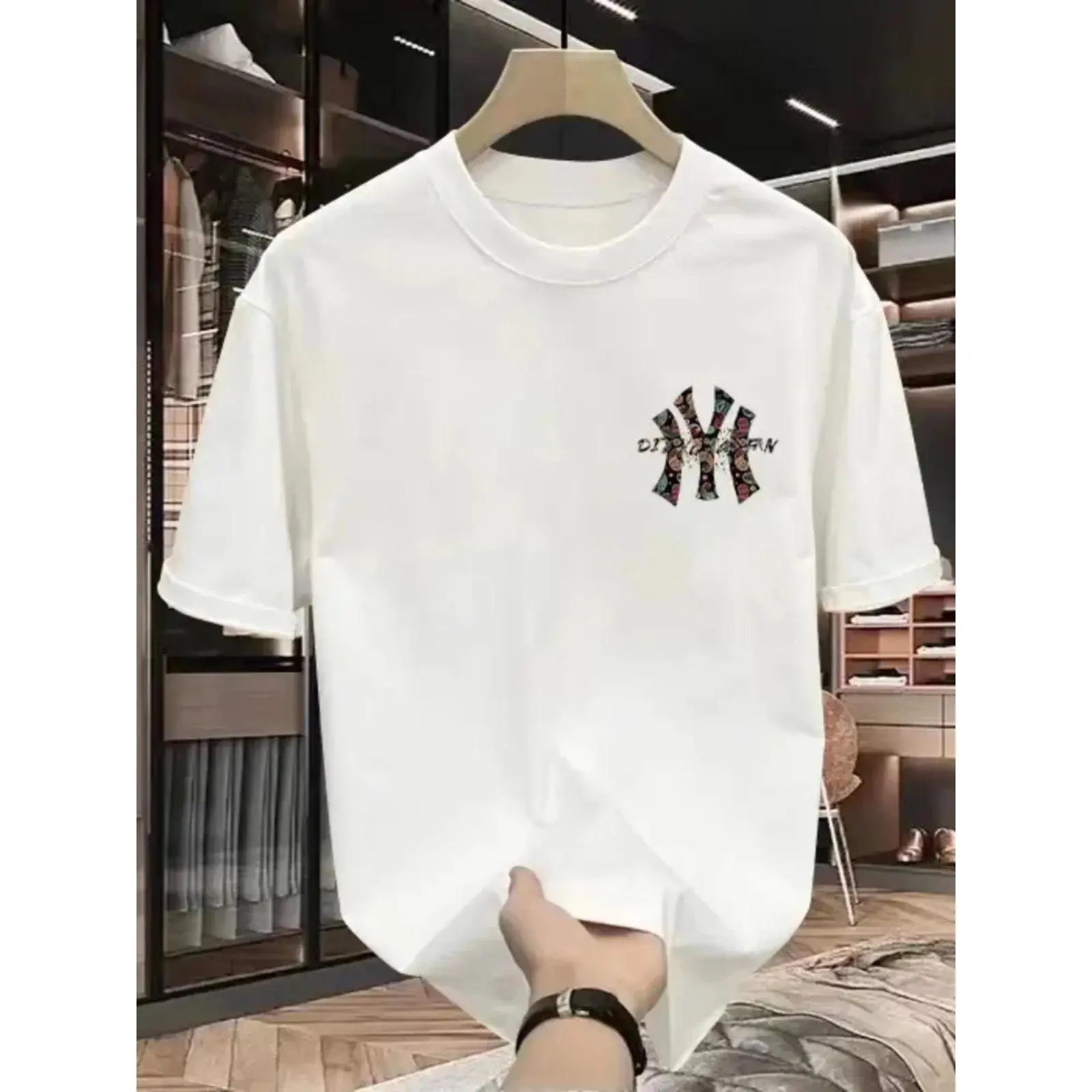 Summer new high-end men's Korean casual full neck short sleeved T-shirt, light luxury and handsome