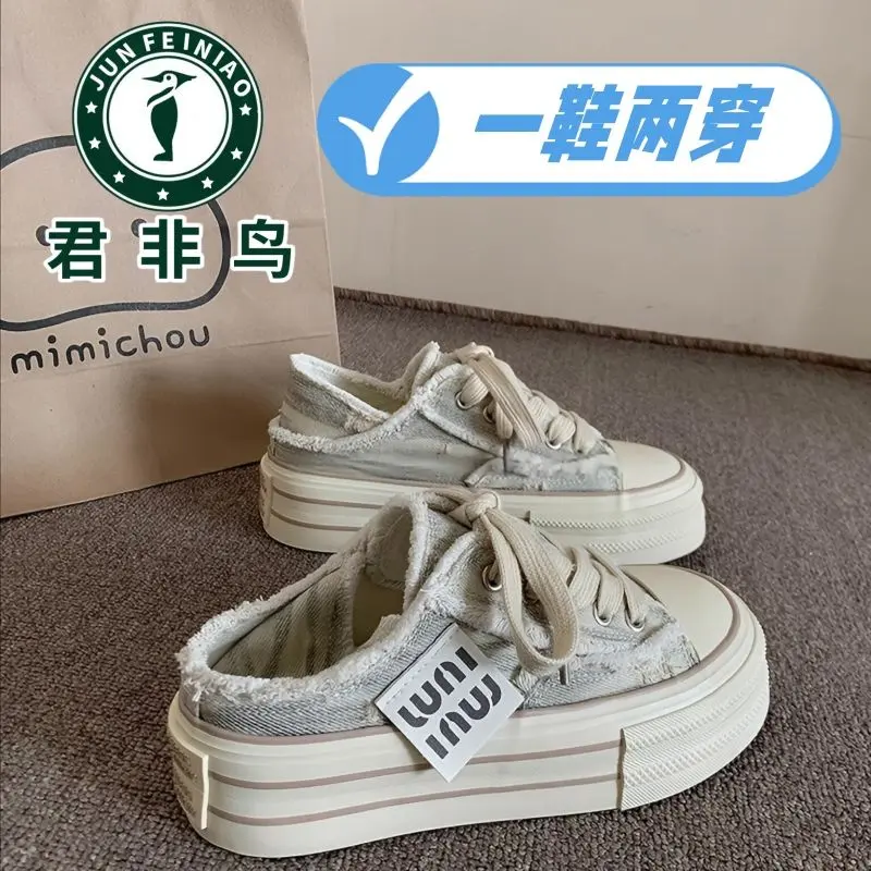 Giày Lười Bán Dép Chim, Junfei, Giày Vải, Dành Cho Nữ, Hàng Mới Về 2024, Giày Thoáng Khí, Thích Hợp Cho Học Sinh, Giày Thường Ngày Dễ Phối Đồ 0