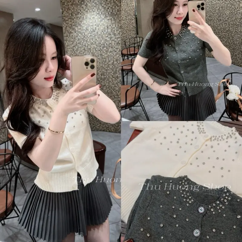 ÁO LEN CDG ĐÍNH ĐÁ CỘC TAY SANG CHẢNH DÀNH CHO NỮ ( ẢNH SHOP TỰ CHỤP) Women Top sweater