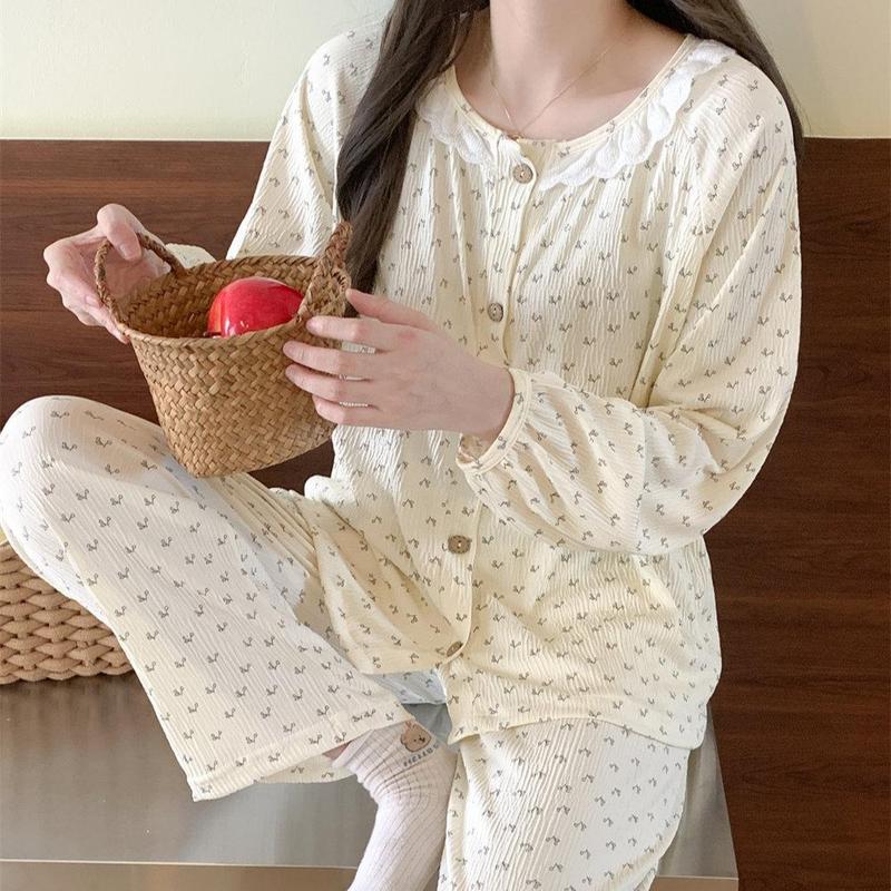 Bộ đồ ngủ pijama cổ tròn big size chất liệu cotton vân mây phong cách hàn quốc Quần Ngủ Women Nữ Áo Ngủ