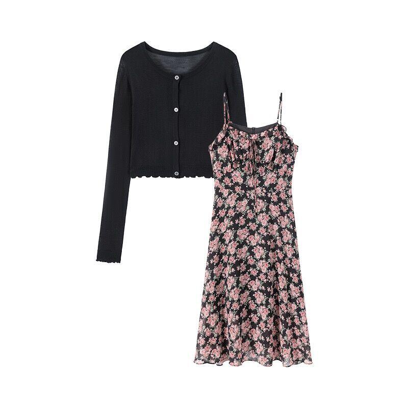 2025 plus Size Women's Clothing Fashion Two-Piece Suit Women's Summer Fat Sister Black Knitted Cardigan Strap Floral Dress Suit 4