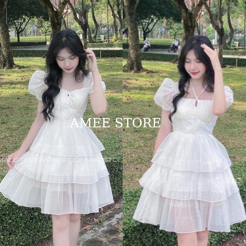 Váy babydoll dáng dài tay phồng 3 tầng cổ vuông tay bồng thắt dây-đầm dự tiệc đi chơi sang trọng màu trắng hàn quốc, SEE2 STORE