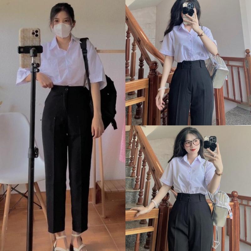 Quần tây nữ lưng cao Đi học sinh màu Đen Xám xanh than dáng dài chất vải tuyết mưa trơn kiểu Quần baggy nữ cạp cao công sở ống Đứng Women Ong Kem Pants Hổ quan  baggynu quan baggy nu lung cao