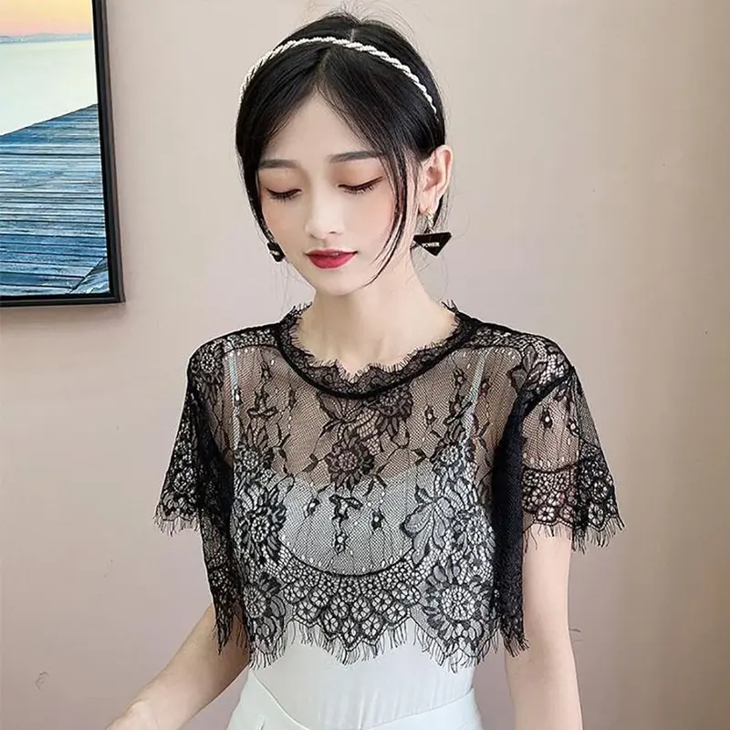 Khăn choàng ren, dành cho nữ, trắng và đen, khoét rỗng, cổ áo giả, thích hợp cho mùa xuân và mùa thu, áo choàng 3