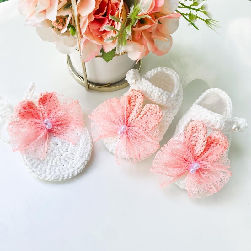 Giày Len Nơ Thỏ Hồng 3-12kg Cho Bé Gái, Giày Sợi Dệt Thoáng Mát Cho Bé Sandal