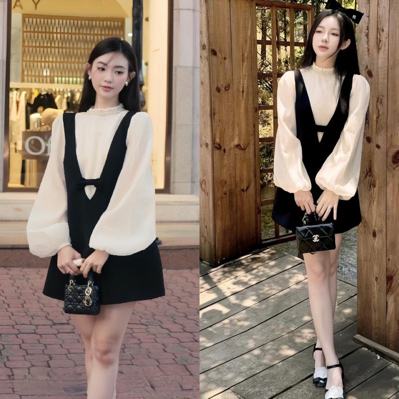 Set đồ nữ 2 món sang chảnh: áo tay phồng cổ ngọc và đầm yếm phong cách tiểu thư chất voan tơ phối cotton hàn màu nude màu đen Top Đầm nữ Women Dress