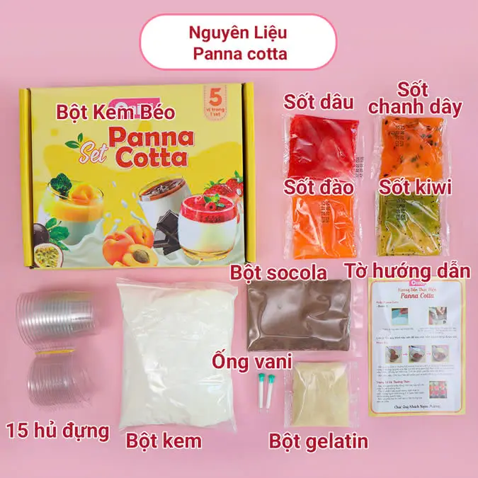 Set nguyên liệu Panna Cotta Bếp Của Mẹ Onici sẵn 5 vị sốt dâu, đào, socola, kiwi, chanh dây [set Panna Cotta nấu được 60-65 hũ 60ml/hũ)] - kèm công thức nấu 1