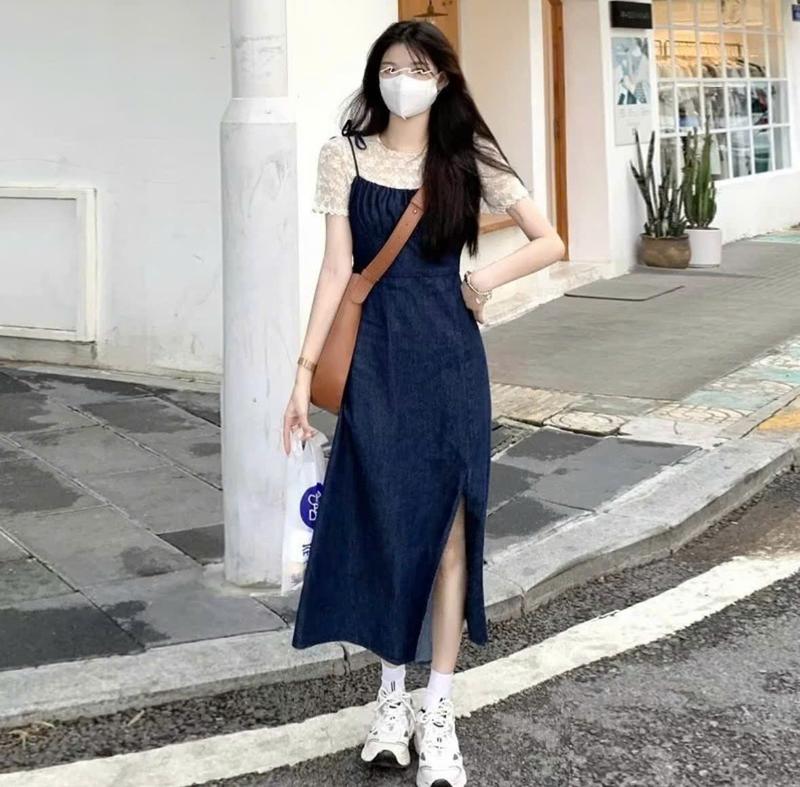 Set Đồ Nữ Áo Ren Hoa Tay Ngắn Phối Yếm Jean 2 Dây Thắt Nơ Dáng Dài Xẻ Tà Xinh Xắn Women - ME0WSTORE