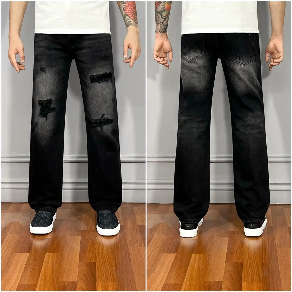 Quần jean nam mẫu mới ống suông đen rách cao cấp vải bò dày dặn thanh lịch phong cách BAGY rách 3939 Menswear Pants Baggy Loang