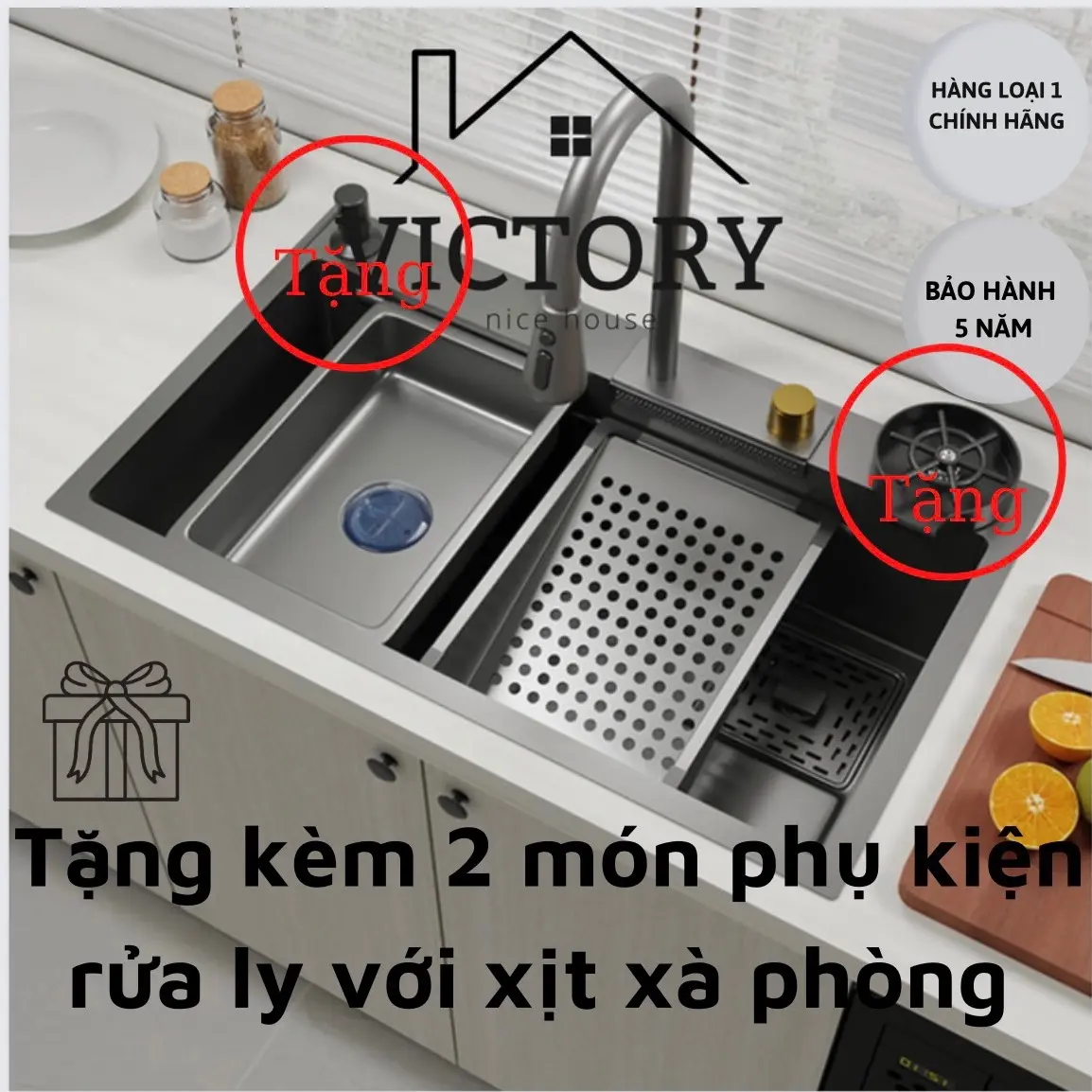 Chậu rửa bát 1 hố kèm vòi rút đa năng xả thác nước và 3 chế độ nước Inox SUS 304 Nano