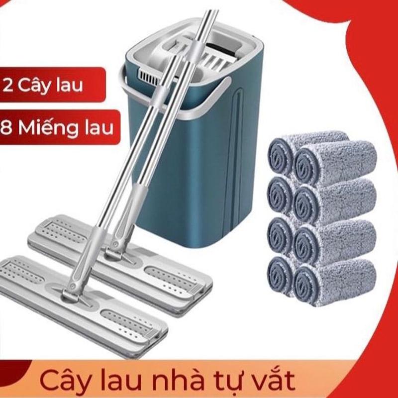 Bộ Cây Lau Nhà( 1 thùng + 2 cây lau + 8 miếng lau) Chổi Lau Nhà Tự Vắt 360 Độ Kèm Bông Lau, Thùng Lau Sàn Làm Sạch Inox Gia Dung Yến Nhi Đa Năng