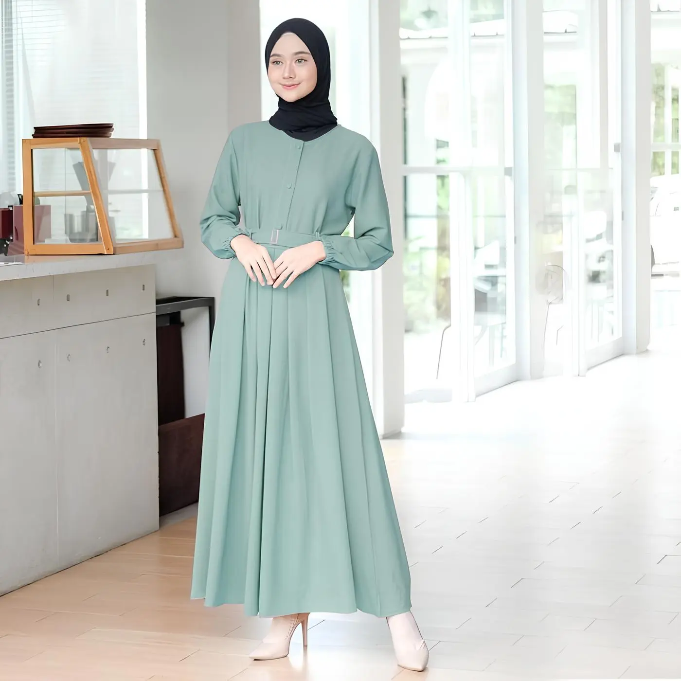 Gamis Moscrepe Monna Belt Dress Sandira Dewasa Model Kekinian Busui COD