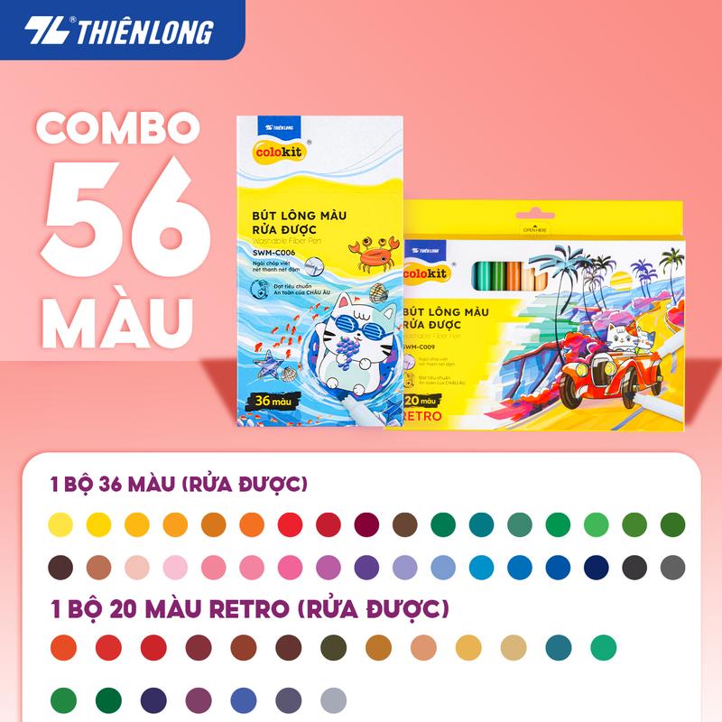 Combo 56 cơ bản và Retro Bút lông màu Fiber Pen Thiên Long Colokit cao cấp, dễ dàng rửa sạch, an toàn cho trẻ em tô màu
