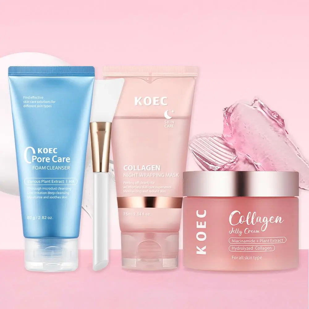 Collagen Skin Care Kit, 1 Set Including 1 Count Pore Cleanser & 1 Count Night Warpping Mask & 1 Count Jelly Cream, Moisturizing Skin Care Kit for Women & Men