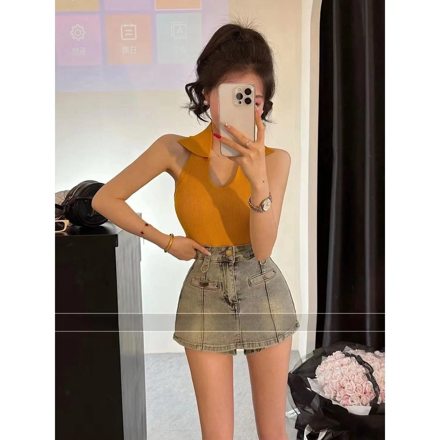 2025[366 People Shipped Within 6 Hours] Summer Korean Style New Hot Girl Style Fashion Polo Collar Halter Backless Top + Hip Denim Culotte Two-Piece Set for Women