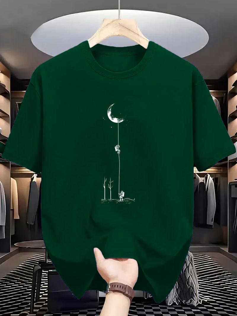 Product Introduction of Men's Moon Landing Graphic T-Shirt - Comfortable & Stretchy, Perfect for Summer Outdoor Activities | Street Casual Style with Round Neck in Black, Burgundy, Dark Green, Blue, Grey Customized Photo T-shirt 3
