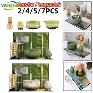 Vinnatsu- 7 in1 Set Alat Matcha Making/ 2/4/5/7Pcs Bambu Pengaduk Bubuk Matcha Bamboo Matcha Whisk Alat Teh / Sendok / Penyangga Whisk Matcha / Mangkuk Keramik