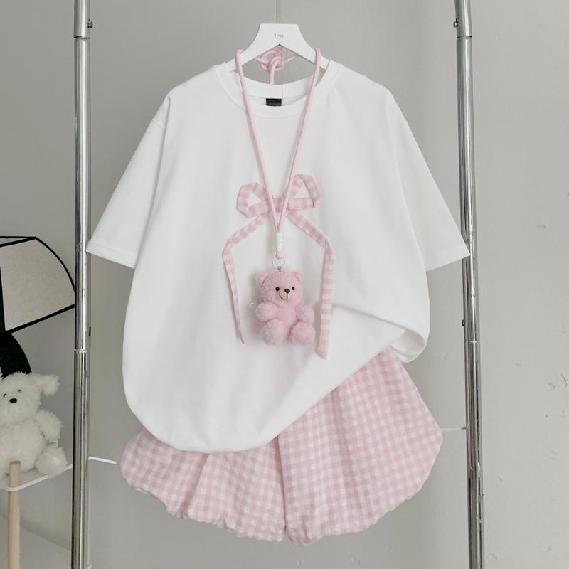 [Jemcloset] Set bộ áo phông trắng + quần short form quần bí rộng dễ thương thoải mái ( Không kèm dây đeo gấu ) -  ROSIE - 8185