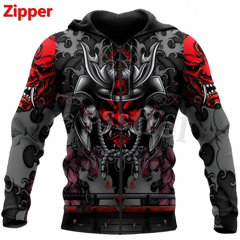 Áo Khoác Nỉ Có Mũ Trùm Đầu, Phong Cách Harajuku Mới, In 3D Hình Xăm Samurai Nhật Bản, Thường Ngày, Unisex, Có Khóa Kéo. 4