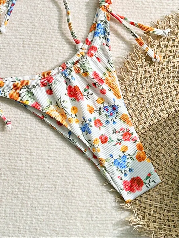 Women's Floral Print Ribbed Bikini Set, High Stretch Casual Fashion Spaghetti Strap Tie Front Backless Swim Top & Tie Side Swim Bottom Two-piece Swimsuit for Beach Holiday Vacation, Bikini Top Trunks 8