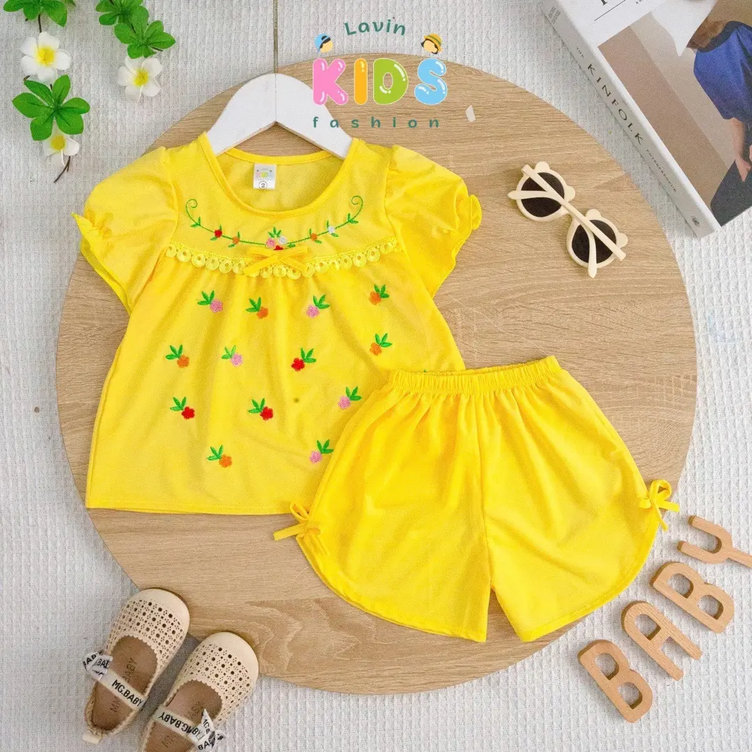 Đồ bộ thun lạnh tay đùi thêu hoa cho bé gái size 6-22kg