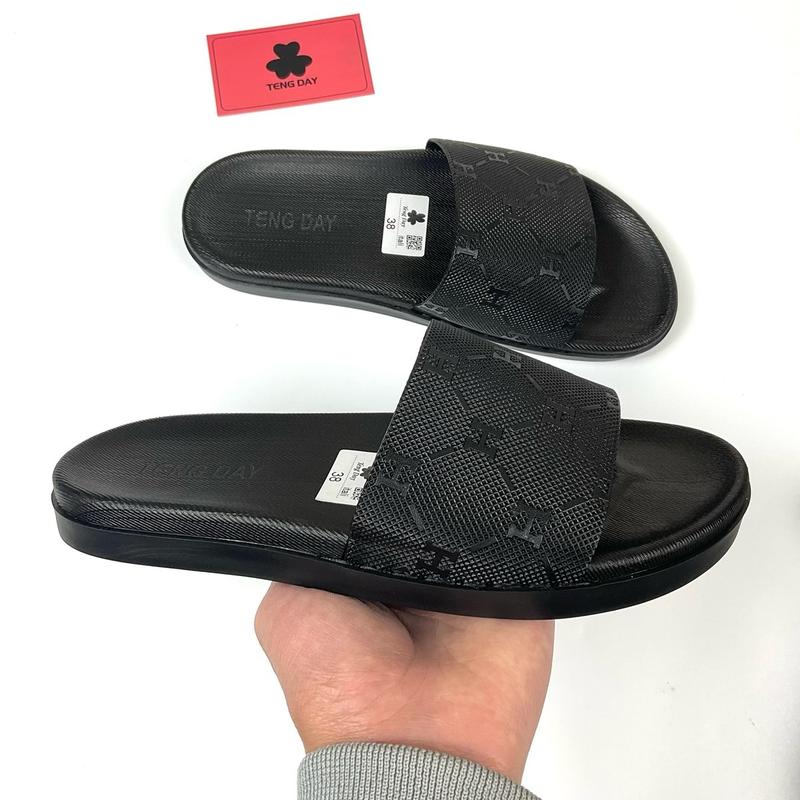 Dép Quai Ngang Nam Nữ, Khâu Quai - Da Cao Cấp - Đế 2Cm Cao Su, Thời Trang Sang Trọng. Tengday Vietnam, Màu Đen/Black Slipper Hoa